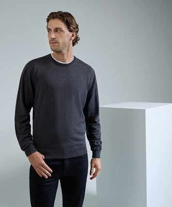Crew neck cotton-rich knitted sweater