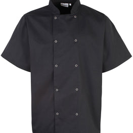 Studded front short sleeve chef's jacket