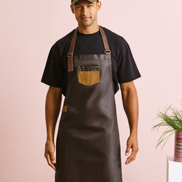 Division waxed-look denim bib apron with faux leather