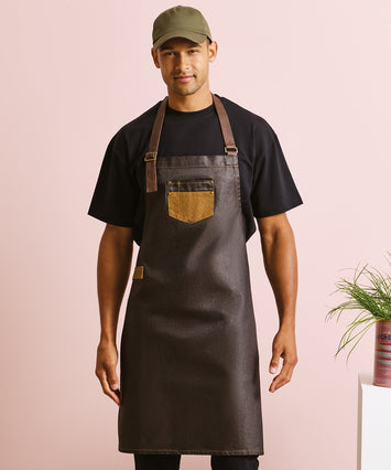 Division waxed-look denim bib apron with faux leather